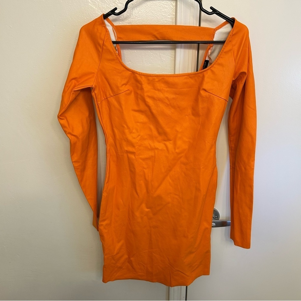 Naked Wardrobe Orange Faux Leather Cutout Mini Dress Size Medium Long Sleeve